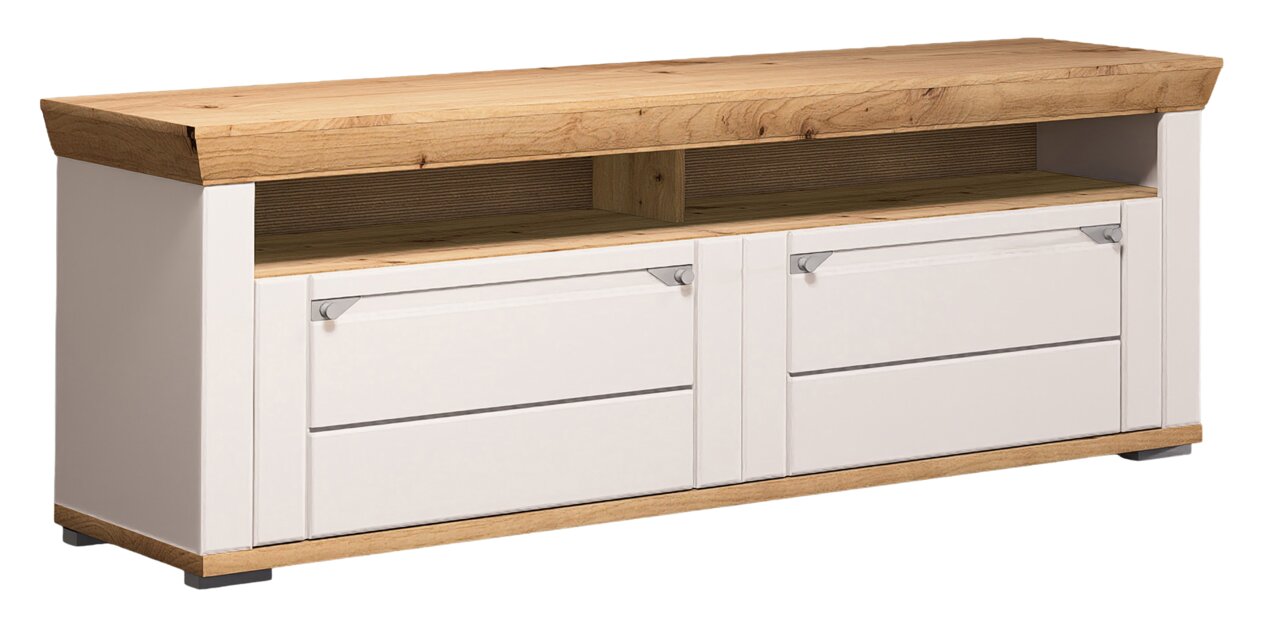 TV-Lowboard aus Holz mit weißem Korpus und zwei Schubladen, seitliche Perspektive