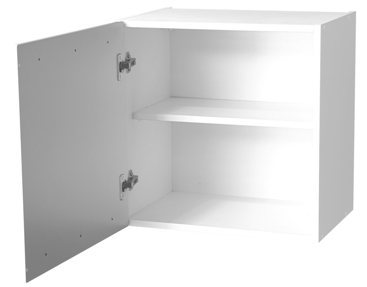 Witte hangkast met geopende deur en twee legplanken, zijaanzicht