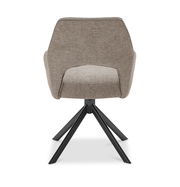 Rückansicht eines modernen Armlehnstuhls mit schwarzem Metallgestell und grauem Stoffbezug.