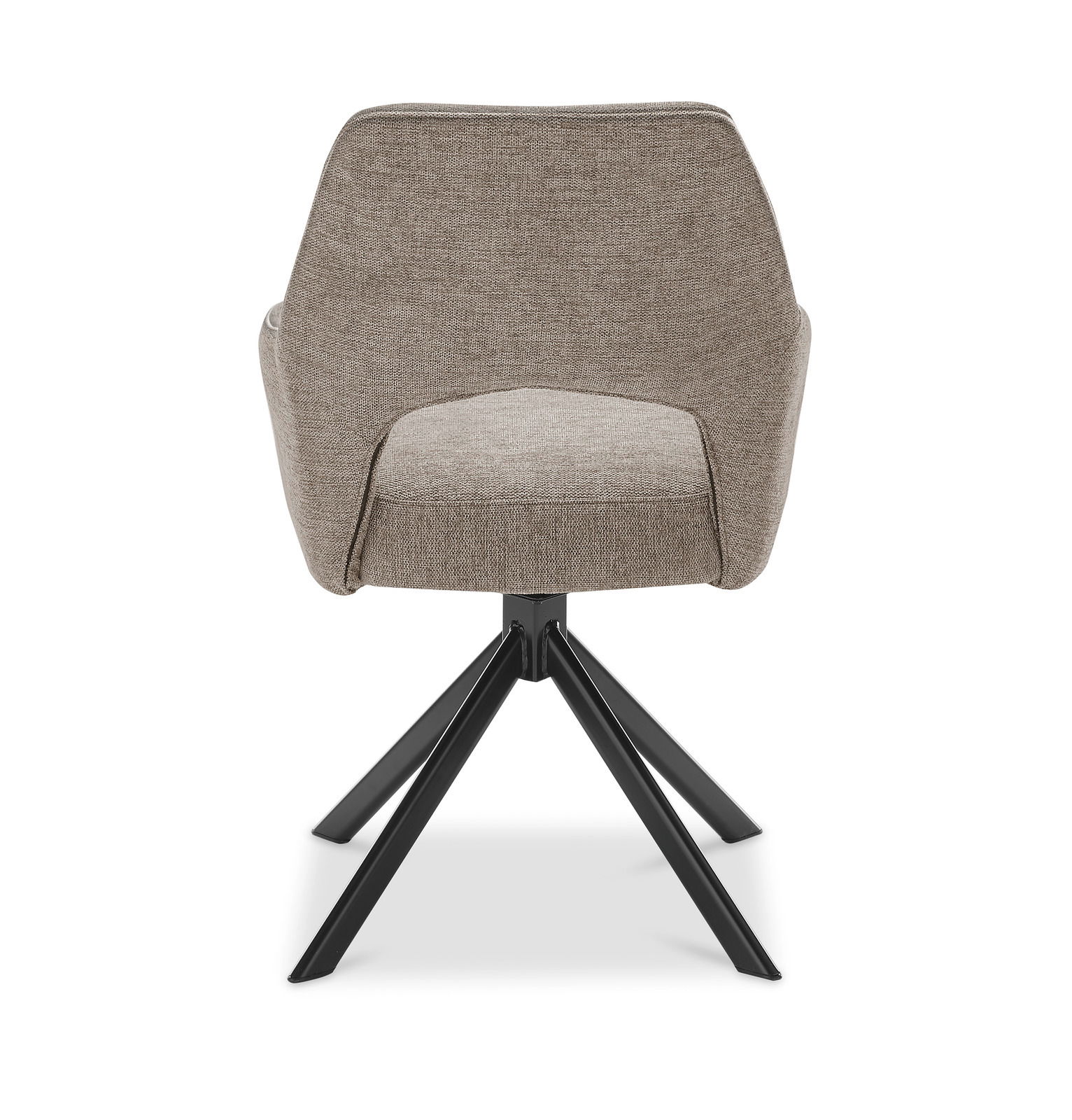 Rückansicht eines modernen Armlehnstuhls mit schwarzem Metallgestell und grauem Stoffbezug.