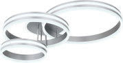 Moderne led-plafondlamp met drie in elkaar verweven ringen van metaal en kunststof, zijaanzicht