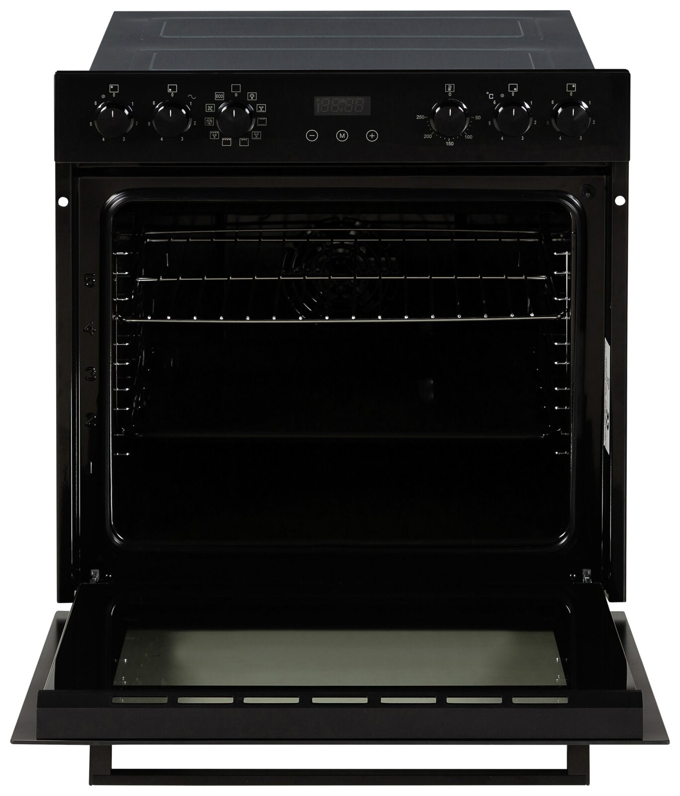 Schwarzer Einbau-Backofen mit geöffnetem Garraum, Drehknöpfen und Digitaldisplay, Frontalansicht