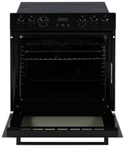 Schwarzer Einbau-Backofen mit geöffnetem Garraum, Drehknöpfen und Digitaldisplay, Frontalansicht