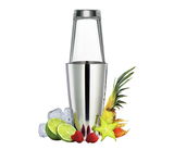 Boston Shaker aus Edelstahl und Glas, umgeben von frischen Früchten und Eiswürfeln, frontal abgebildet.