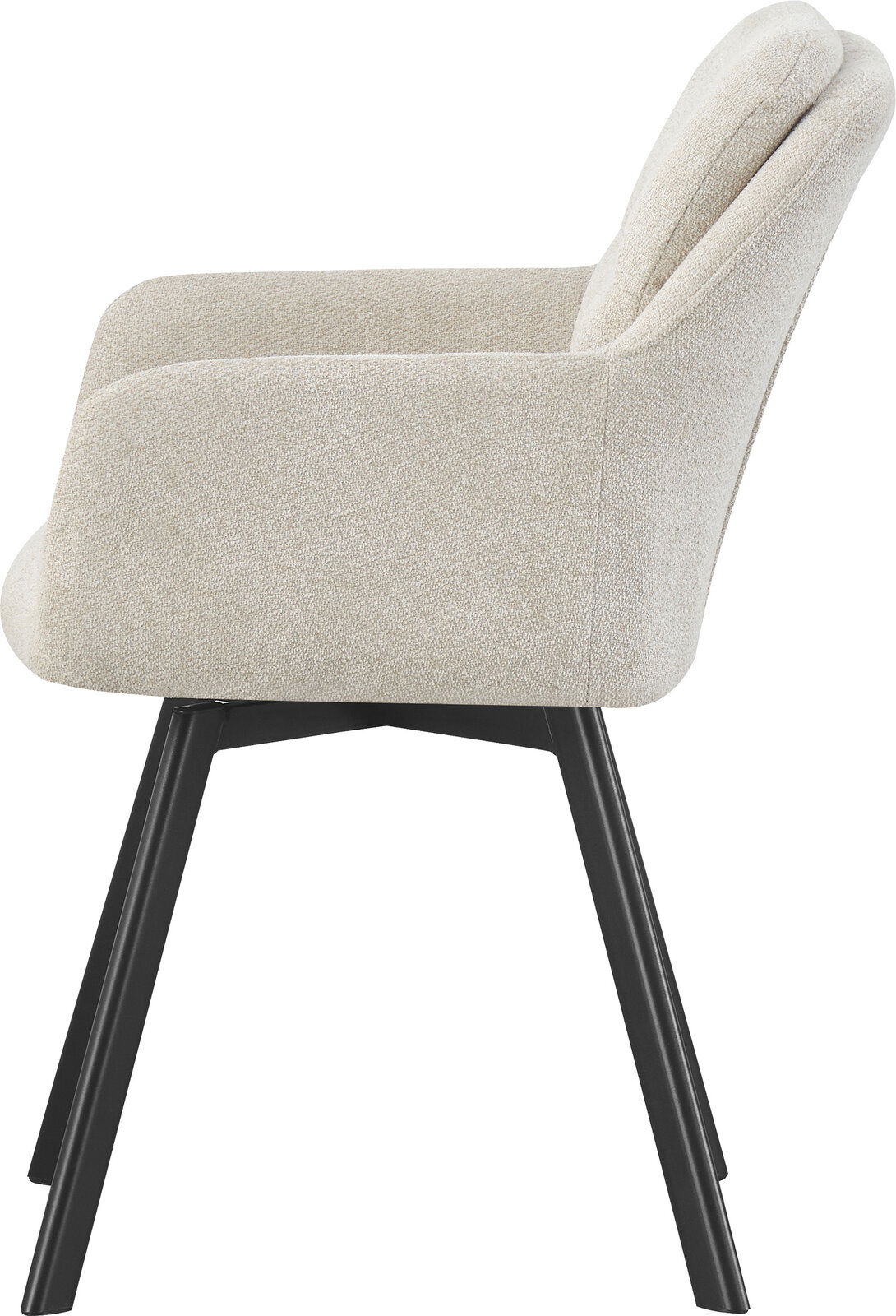 Beiger, gepolsterter Polsterstuhl mit Armlehnen und schwarzem Metallgestell, Seitenansicht (Profil) vor weißem Hintergrund