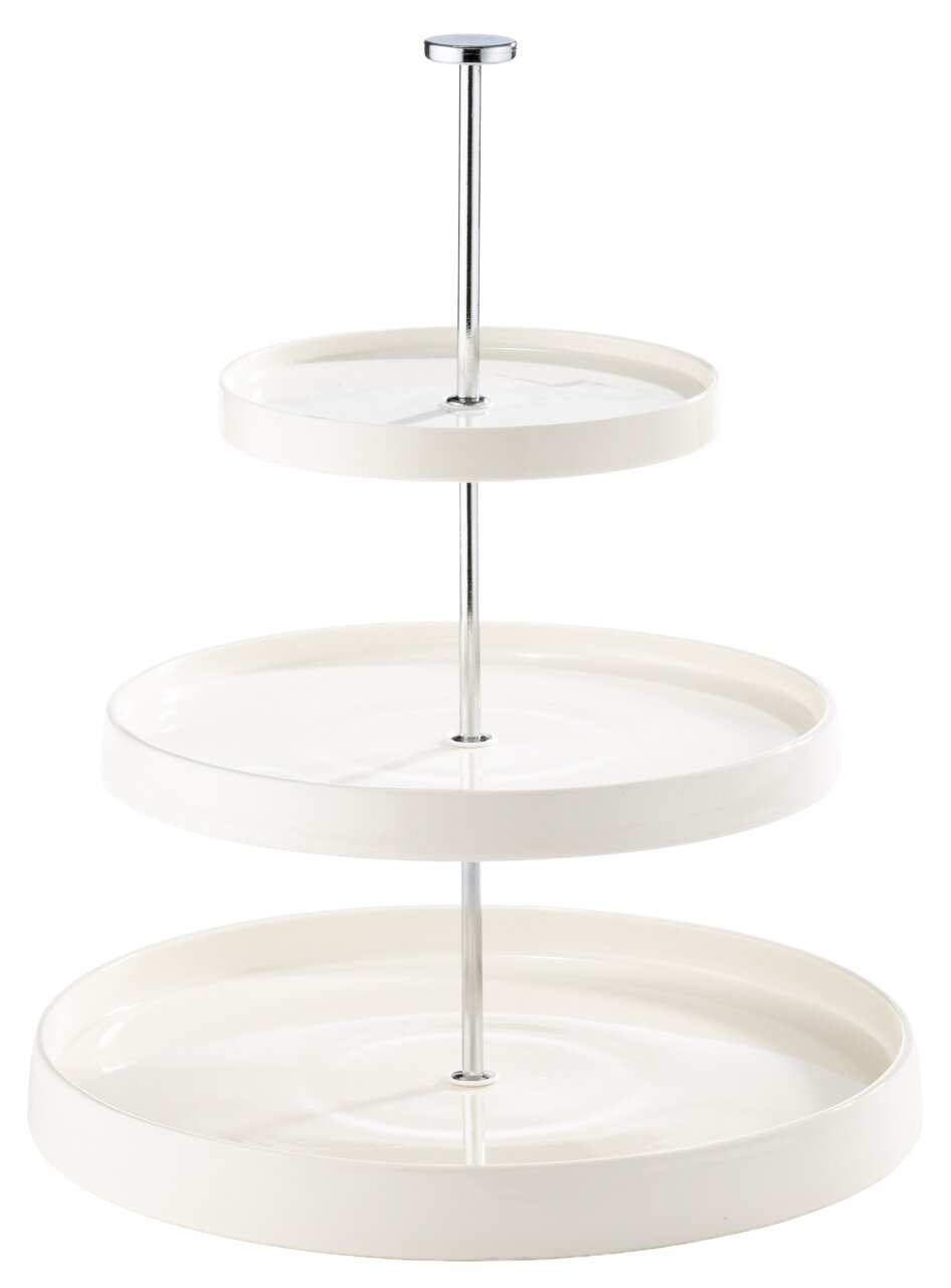 Dreistöckige Etagere aus weißem Porzellan mit Metallstange, seitliche Perspektive
