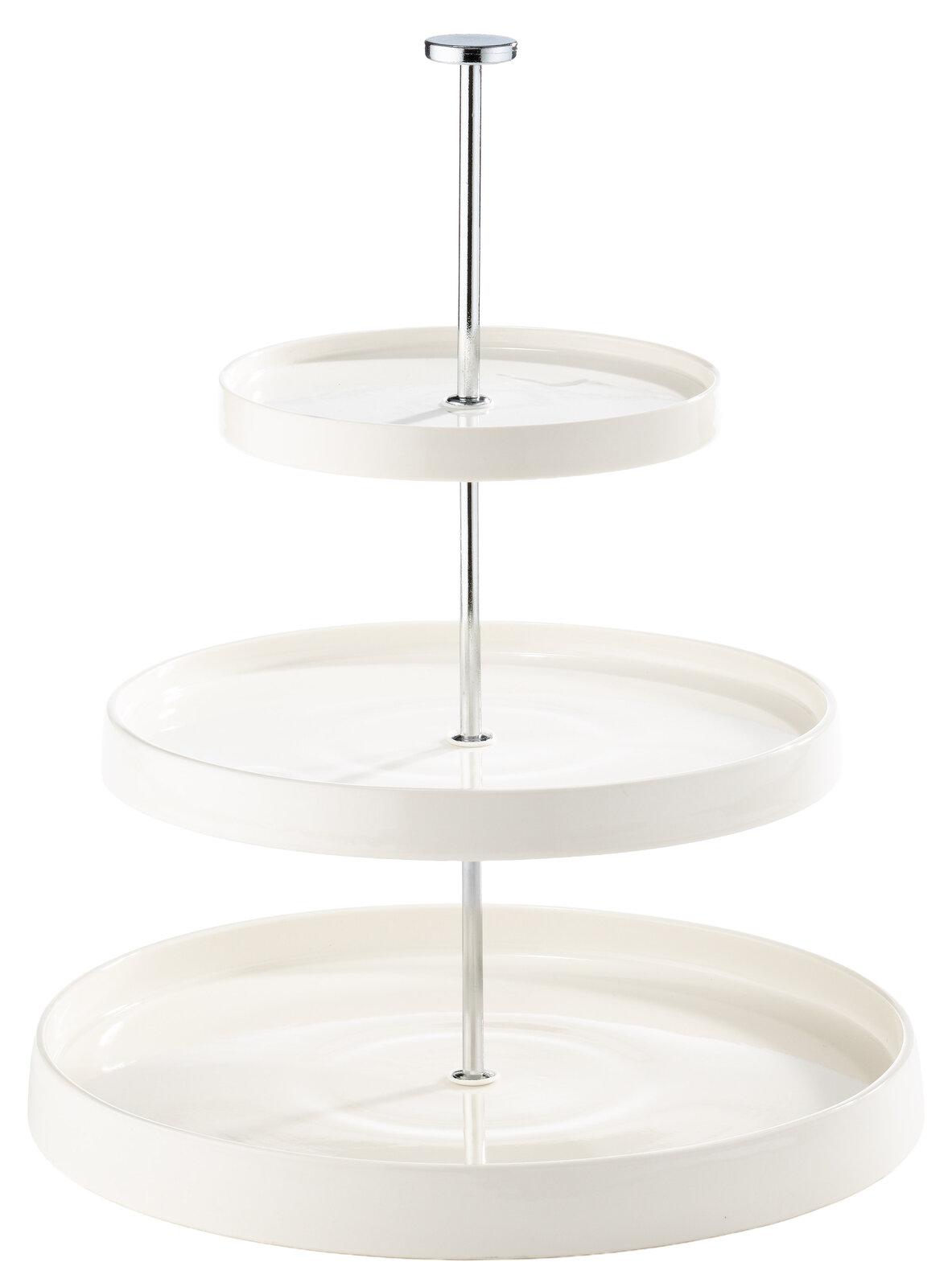 Dreistöckige Etagere aus weißem Porzellan mit Metallstange, seitliche Perspektive