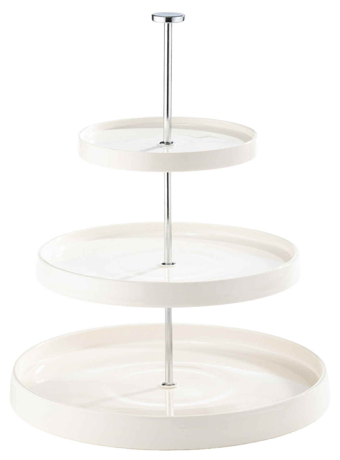 Dreistöckige Etagere aus weißem Porzellan mit Metallstange, seitliche Perspektive