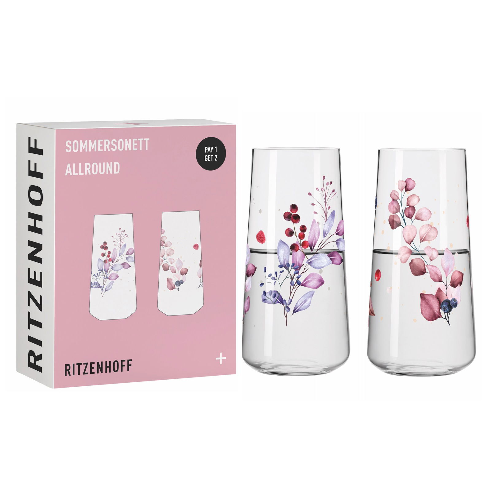 Zwei Longdrinkbecher mit floralen Mustern in Rosa und Lila, präsentiert in einer Verpackung mit der Aufschrift 'Sommersonett Allround'. Frontale Perspektive.