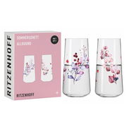 Zwei Longdrinkbecher mit floralen Mustern in Rosa und Lila, präsentiert in einer Verpackung mit der Aufschrift 'Sommersonett Allround'. Frontale Perspektive.