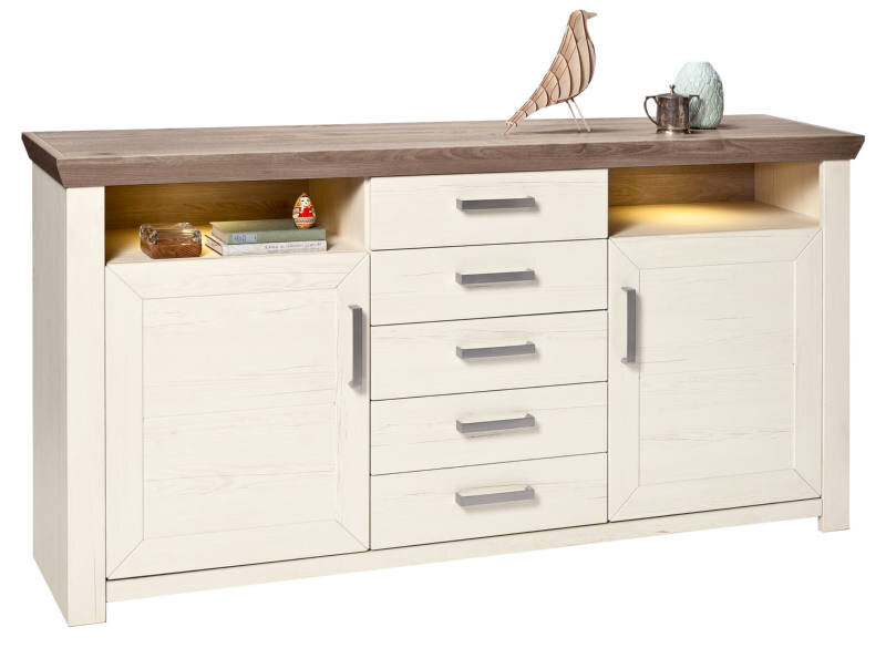 Set one by Musterring Sideboard SET ONE YORK Elegantes Sideboard mit cremeweißen Türen und Schubladen, dunkler Holzplatte und dekorativen Elementen, frontal betrachtet.