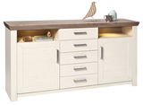 Elegantes Sideboard mit cremeweißen Türen und Schubladen, dunkler Holzplatte und dekorativen Elementen, frontal betrachtet.