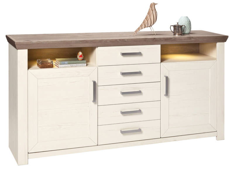 Elegantes Sideboard mit cremeweißen Türen und Schubladen, dunkler Holzplatte und dekorativen Elementen, frontal betrachtet.