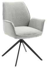 Moderner Armlehnstuhl mit grauem Stoffbezug und schwarzem Metallgestell, seitliche Perspektive