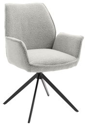 Moderner Armlehnstuhl mit grauem Stoffbezug und schwarzem Metallgestell, seitliche Perspektive