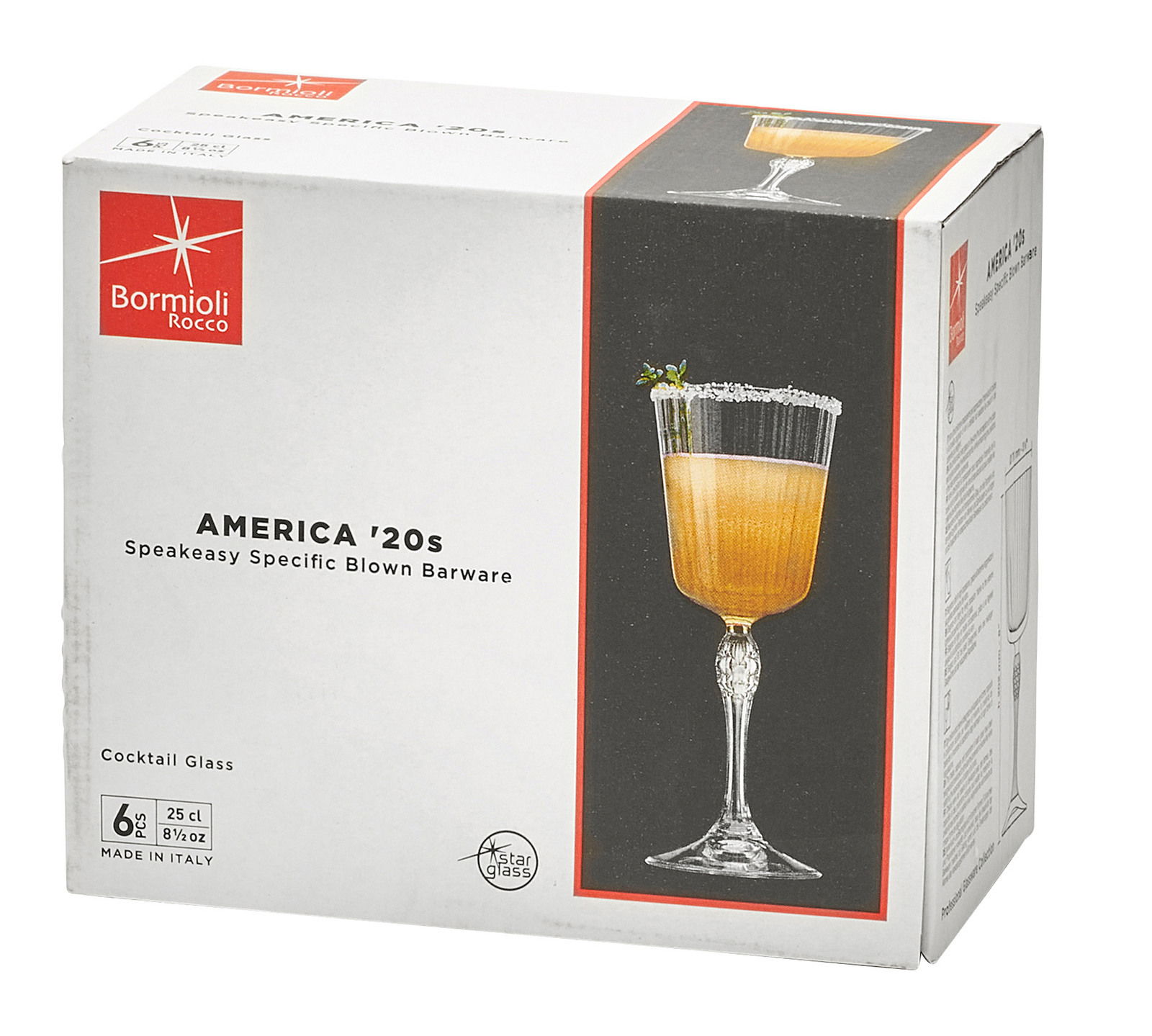 Verpackung des Cocktailglas America 6er-Sets von Bormioli Rocco, Vorderansicht mit Abbildung eines gefüllten Glases.