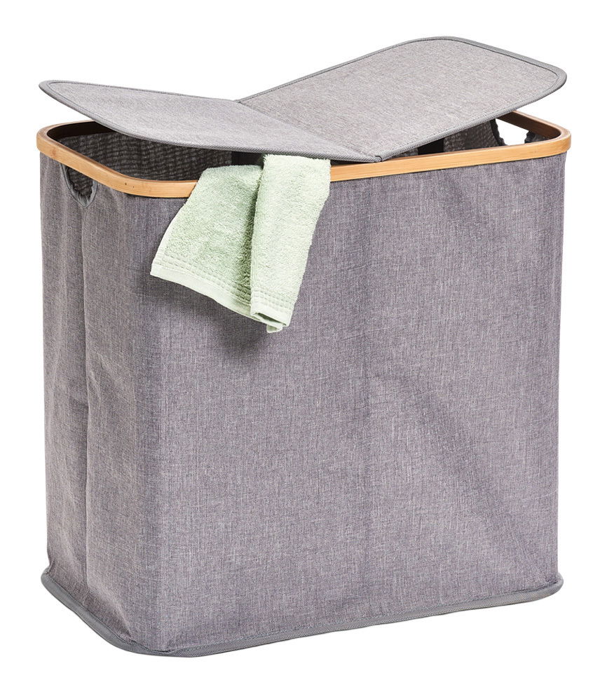 Zeller Present Wäschesammler 2-fach Grauer Wäschesammler mit zwei Fächern und offenem Deckel, aus seitlicher Perspektive fotografiert, mit einem grünen Handtuch über der Kante.