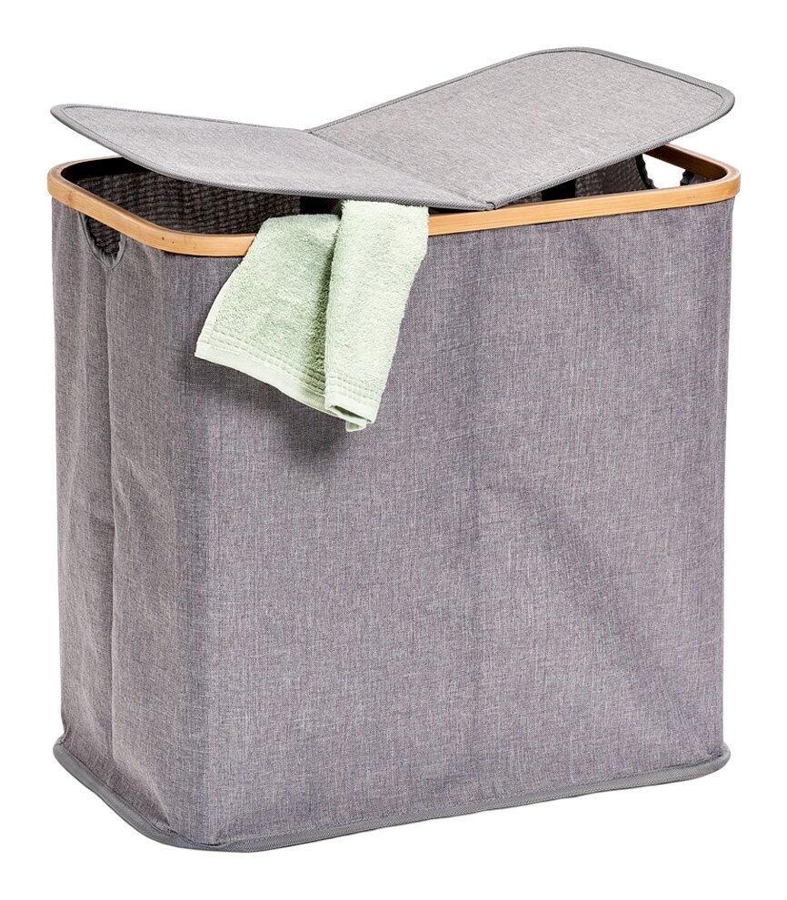 Zeller Present Wäschesammler 2-fach Grauer Wäschesammler mit zwei Fächern und offenem Deckel, aus seitlicher Perspektive fotografiert, mit einem grünen Handtuch über der Kante.