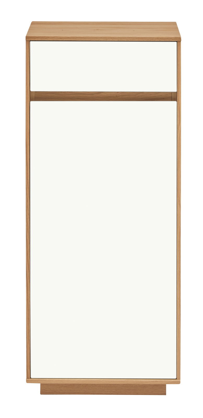 Frontansicht einer modernen Kommode der VOSS Serie V100 mit Holzrahmen und weißen Fronten, 44 cm breit.