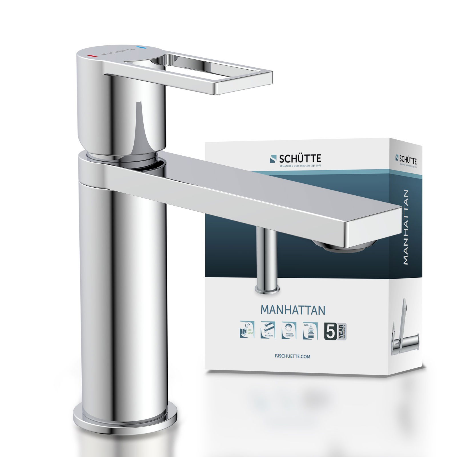 Moderne Waschtischarmatur in Chromoptik, seitliche Perspektive mit Verpackung im Hintergrund.