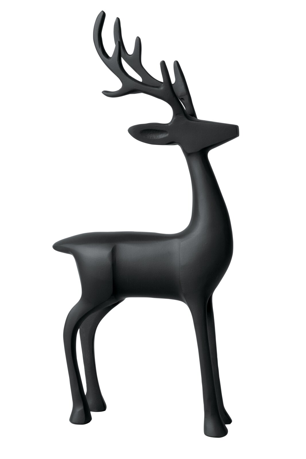 Mattschwarze, stilisierte Hirschfigur mit großem Geweih, langen Beinen und modernem, minimalistischem Design in seitlicher Dreiviertelansicht vor weißem Hintergrund