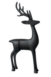 Mattschwarze, stilisierte Hirschfigur mit großem Geweih, langen Beinen und modernem, minimalistischem Design in seitlicher Dreiviertelansicht vor weißem Hintergrund