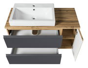 Waschtisch-Set 105 cm mit weißem Waschbecken, Holzoberfläche und grauen Schubladen, aus der Vogelperspektive