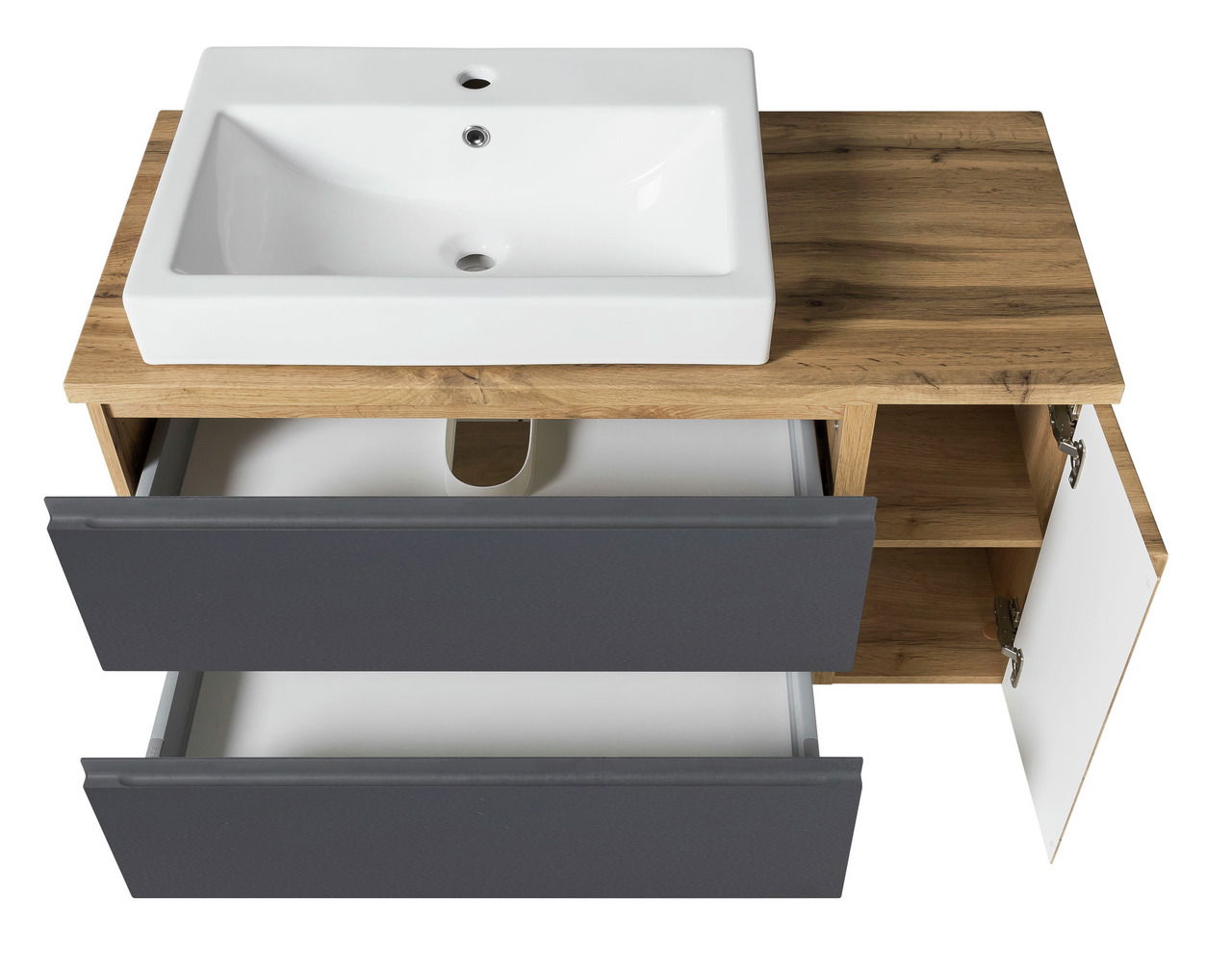 Waschtisch-Set 105 cm mit weißem Waschbecken, Holzoberfläche und grauen Schubladen, aus der Vogelperspektive