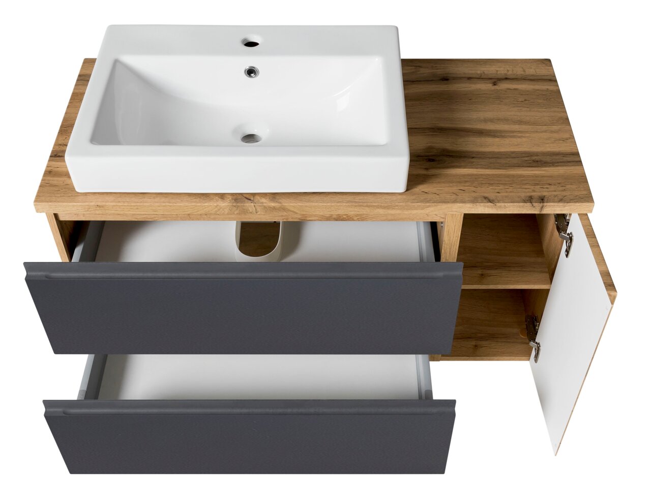 Waschtisch-Set 105 cm mit weißem Waschbecken, Holzoberfläche und grauen Schubladen, aus der Vogelperspektive
