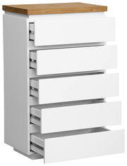 Weiße Schubkastenkommode mit fünf offenen Schubladen und einer Holzoberfläche, seitliche Perspektive