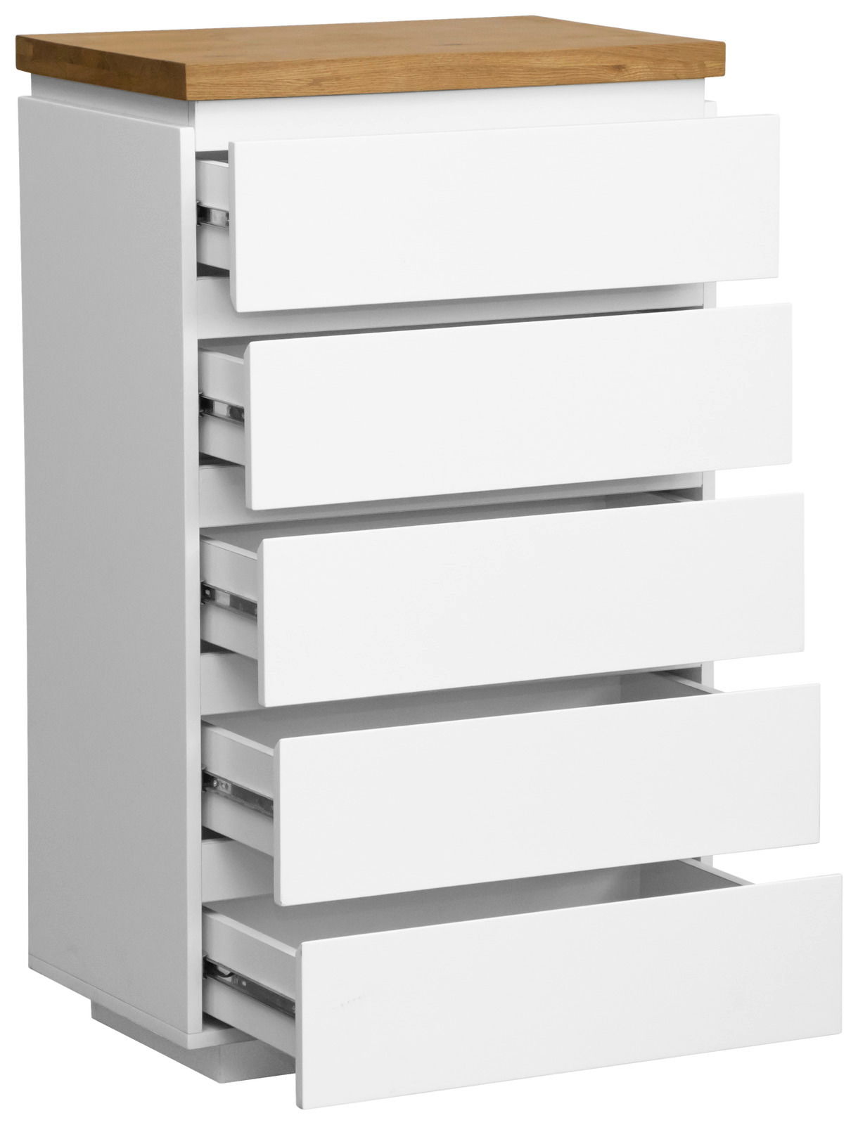 Weiße Schubkastenkommode mit fünf offenen Schubladen und einer Holzoberfläche, seitliche Perspektive