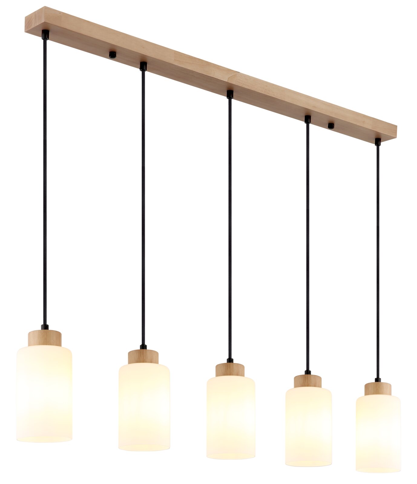 Moderne 5-flammige Pendelleuchte mit hellem Holz-Deckenbalken, schwarzen Textilkabeln und zylindrischen opalweißen Glasschirmen, schräg von unten fotografiert.