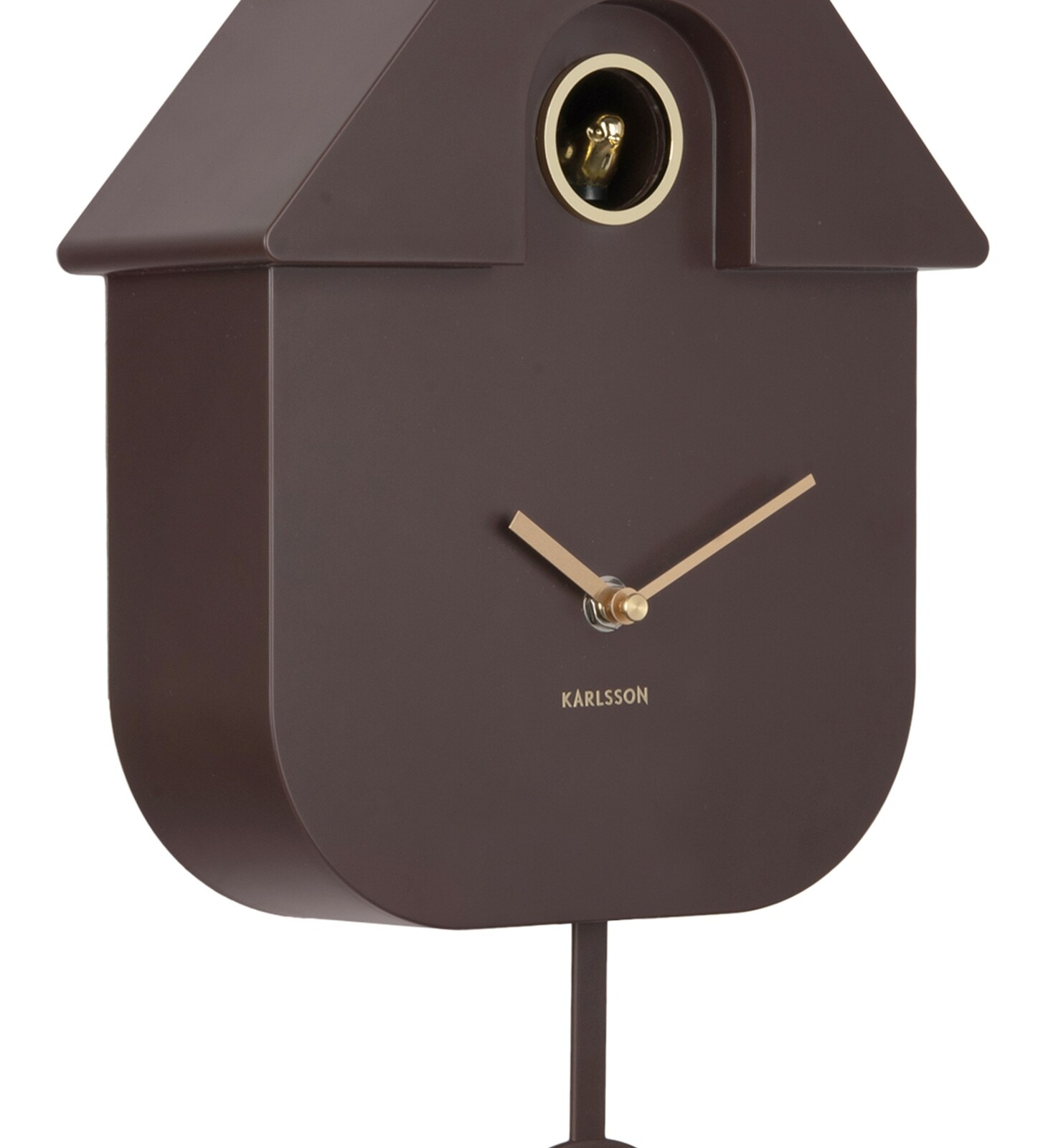 Moderne braune Wanduhr in Kuckucksuhren-Design mit goldenen Zeigern und einem goldenen Detail im oberen Bereich, seitliche Perspektive.