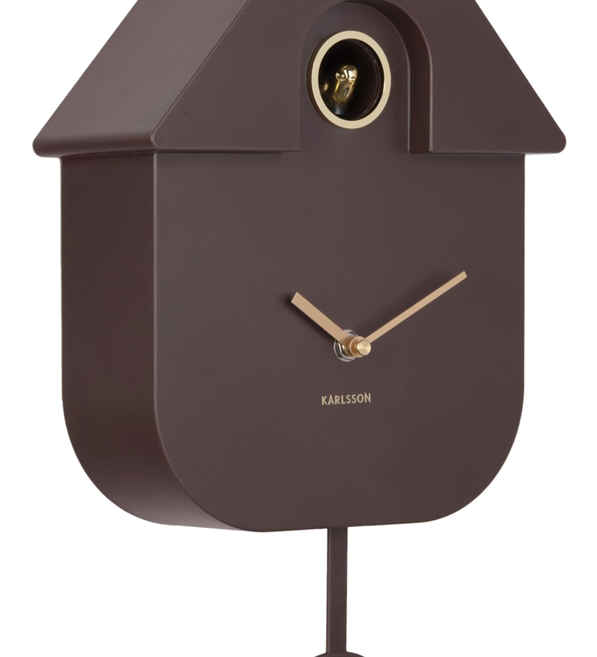 Moderne braune Wanduhr in Kuckucksuhren-Design mit goldenen Zeigern und einem goldenen Detail im oberen Bereich, seitliche Perspektive.