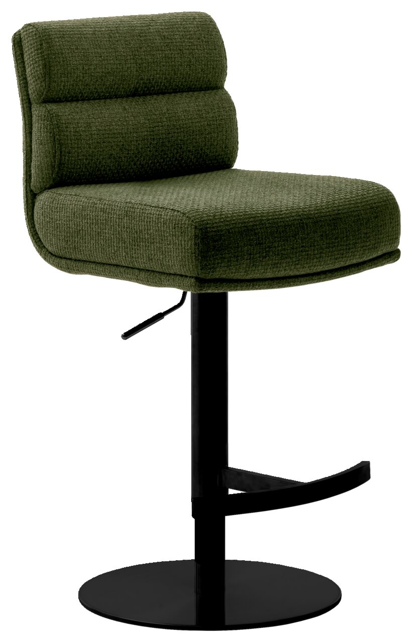 Grüner Barstuhl mit gepolsterter Sitzfläche und Rückenlehne, schwarzem Metallfuß und Fußstütze, seitliche Perspektive