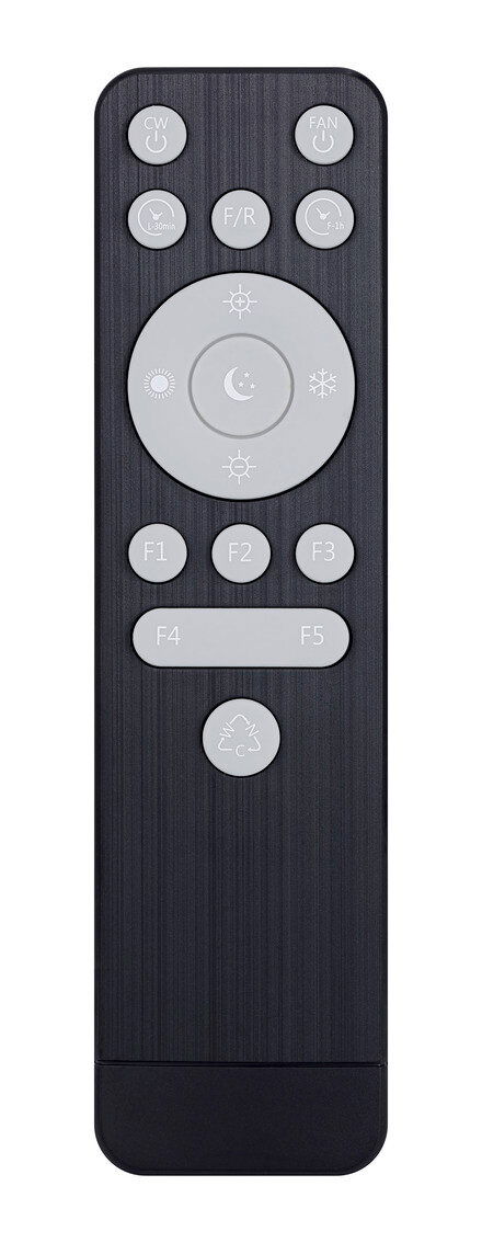 Fernbedienung für Deckenventilator, Vorderansicht mit verschiedenen Funktionstasten.