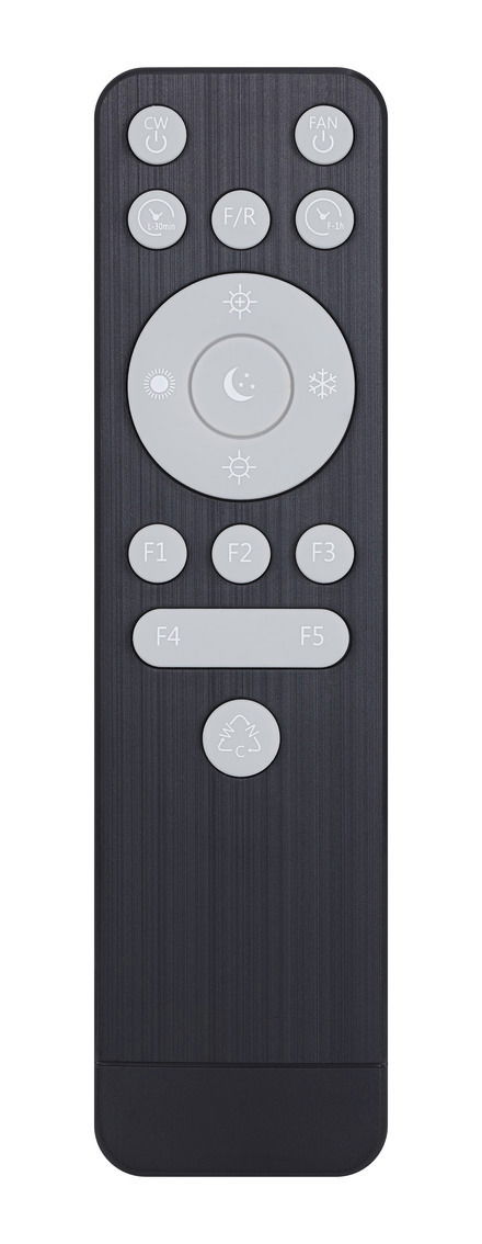 Fernbedienung für Deckenventilator, Vorderansicht mit verschiedenen Funktionstasten.