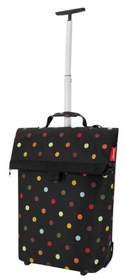 Schwarzer Trolley mit bunten Punkten und ausziehbarem Griff, seitliche Perspektive