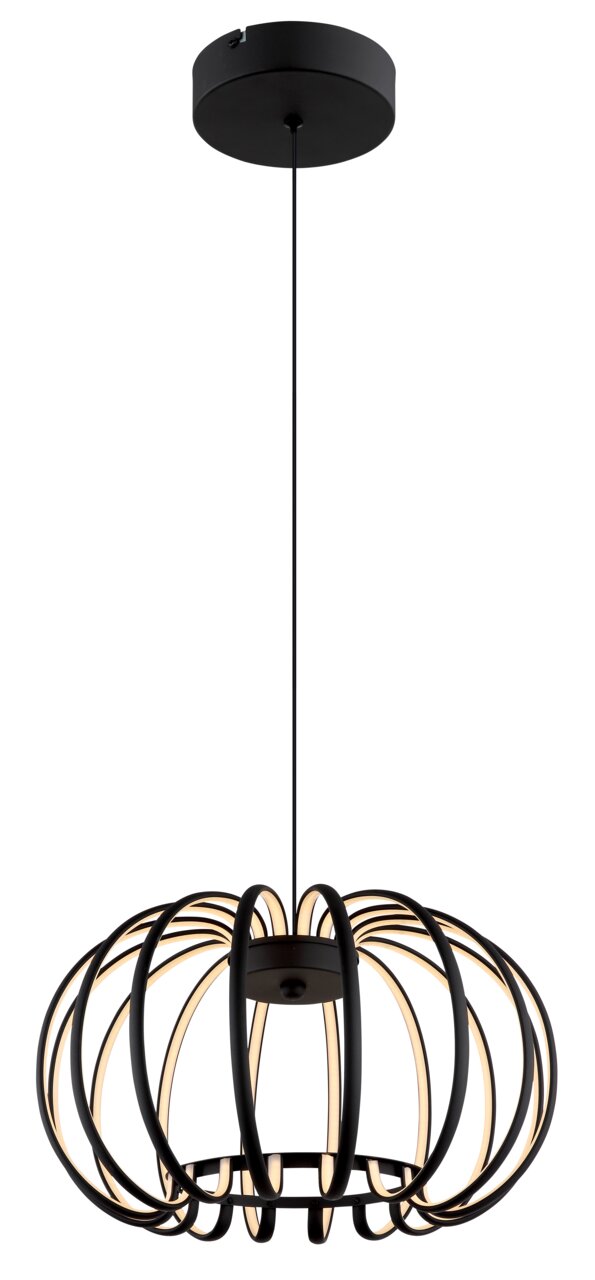 Moderne LED-Hängeleuchte in schwarzem Design mit geschwungenen Streben, seitliche Perspektive