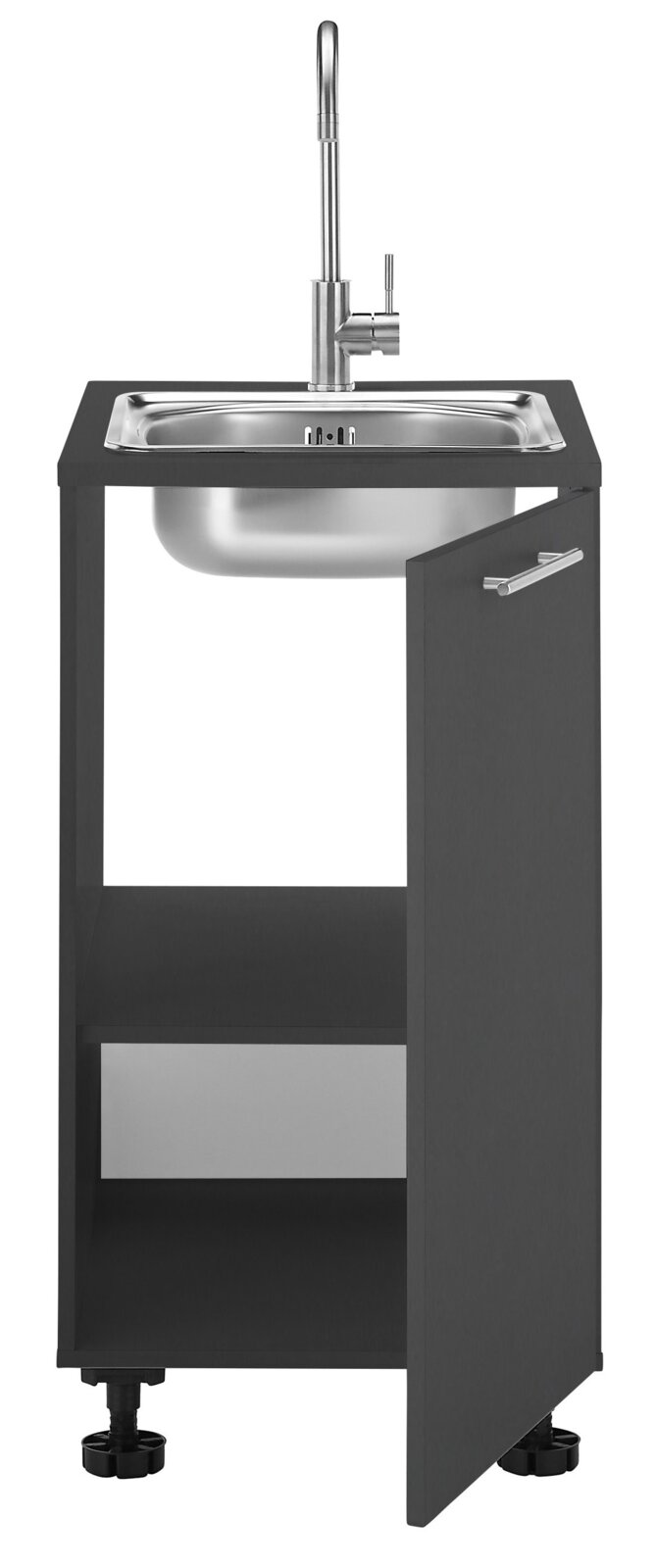 Vorderansicht eines XORA Spülenunterschranks PRIMUS mit offenem Schrank und Edelstahlspüle.