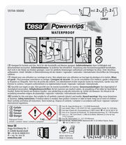 Rückseite der Verpackung von tesa Powerstrips Waterproof, zeigt Anweisungen zur Anwendung und Sicherheitsinformationen. Perspektive von hinten.