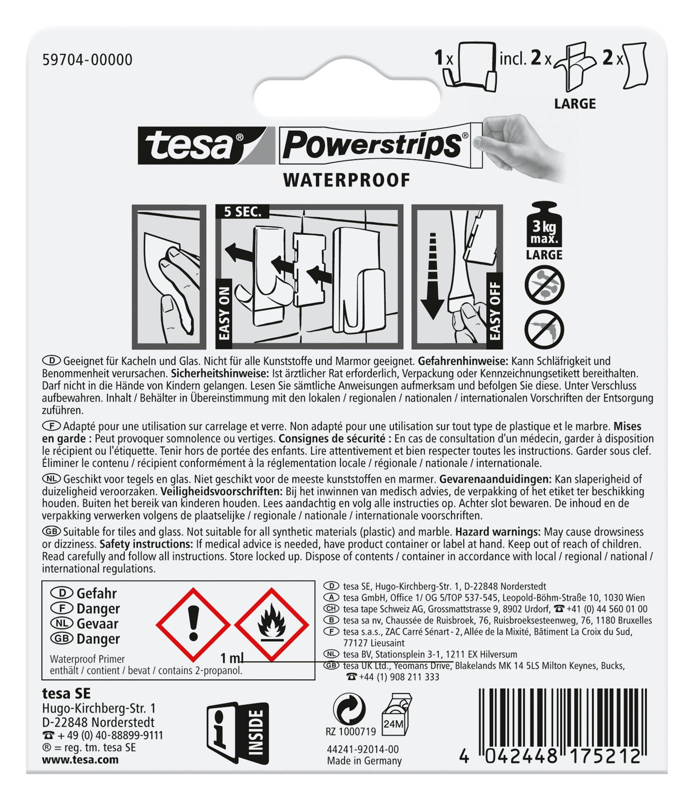 Rückseite der Verpackung von tesa Powerstrips Waterproof, zeigt Anweisungen zur Anwendung und Sicherheitsinformationen. Perspektive von hinten.