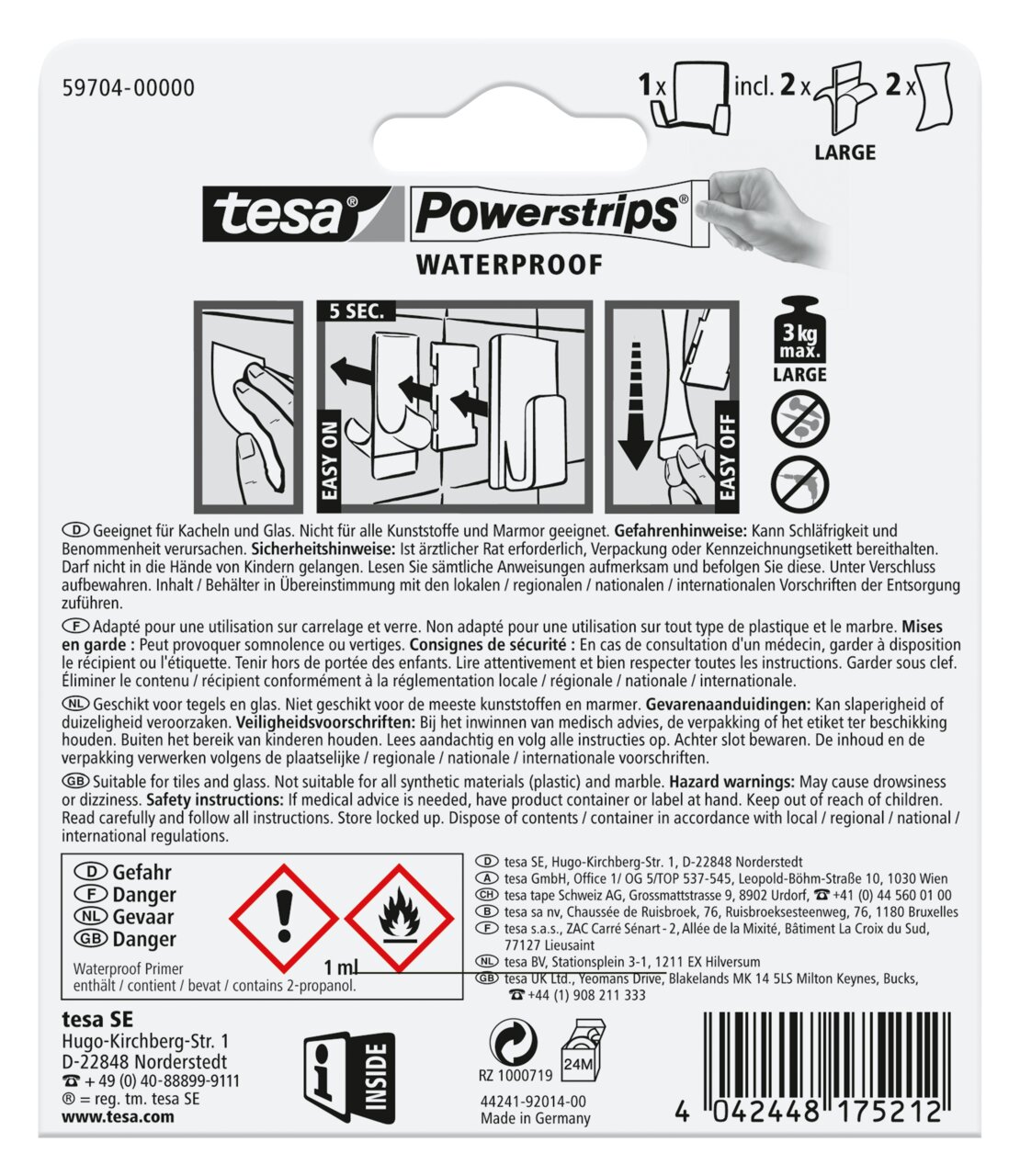 Rückseite der Verpackung von tesa Powerstrips Waterproof, zeigt Anweisungen zur Anwendung und Sicherheitsinformationen. Perspektive von hinten.