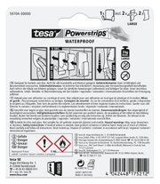 Rückseite der Verpackung von tesa Powerstrips Waterproof, zeigt Anweisungen zur Anwendung und Sicherheitsinformationen. Perspektive von hinten.