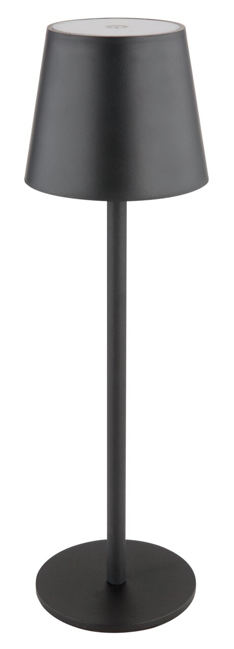 Schwarze Akku-Tischleuchte VANNIE in Frontalansicht mit schlichtem, modernem Design.