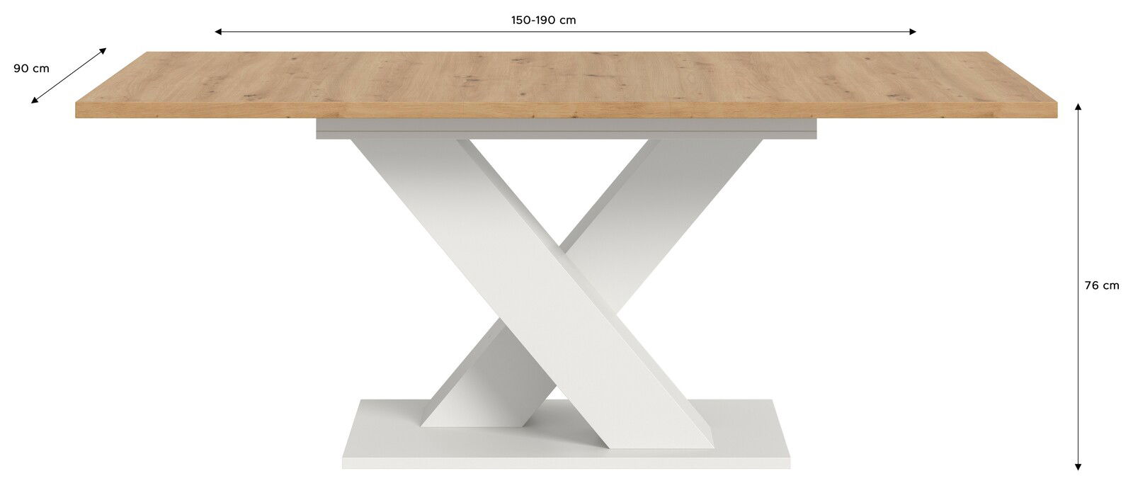 Moderner Esstisch mit Holztischplatte und weißem X-förmigem Gestell, seitliche Perspektive