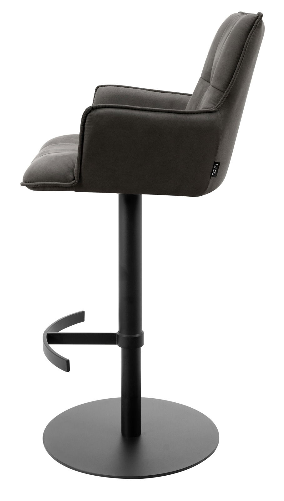 Moderner Barhocker in Seitenansicht mit schwarzem Metallgestell und gepolstertem, dunkelgrauem Sitz.