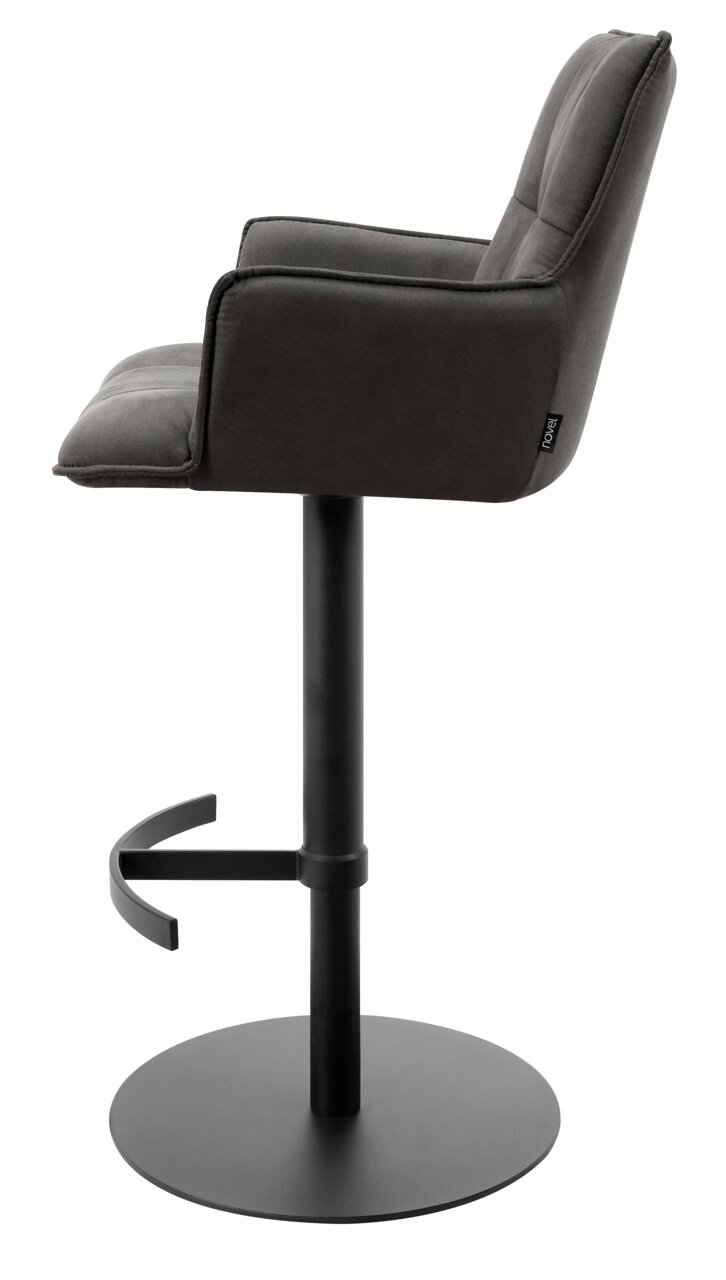 Moderner Barhocker in Seitenansicht mit schwarzem Metallgestell und gepolstertem, dunkelgrauem Sitz.