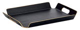 Schwarzes Serviertablett mit erhöhten Kanten und Griffen, aus seitlicher Perspektive fotografiert.