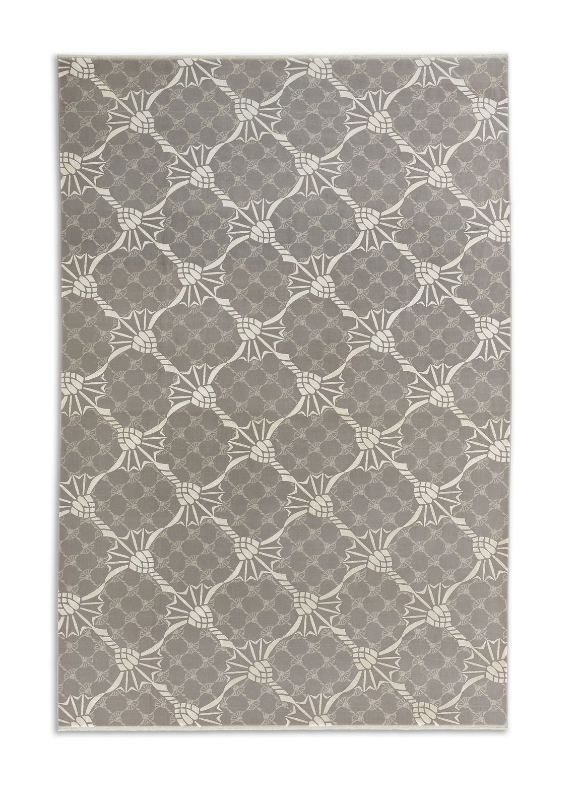 Teppich mit grauem Hintergrund und weißem Kornblumenmuster, Draufsicht
